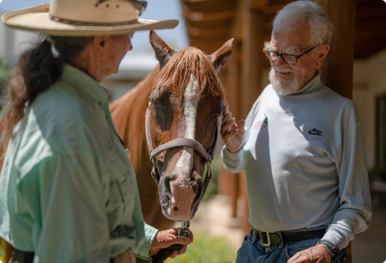elderly gentleman petting a horse while talking to the stable attendant elderly gentleman petting a horse while talking to the stable attendant