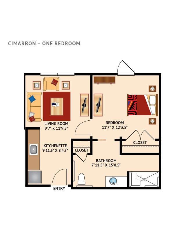 Assisted living 1 bedroom floor plan at the Watermark at Cherry Hills