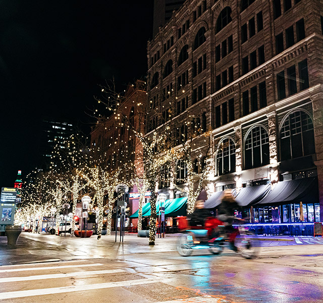 An evening shot of a popular shopping destination