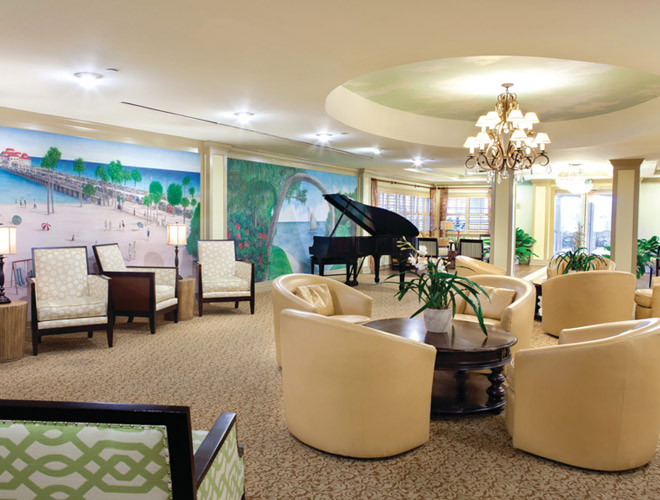 3D tour Hall with piano and table arrangement