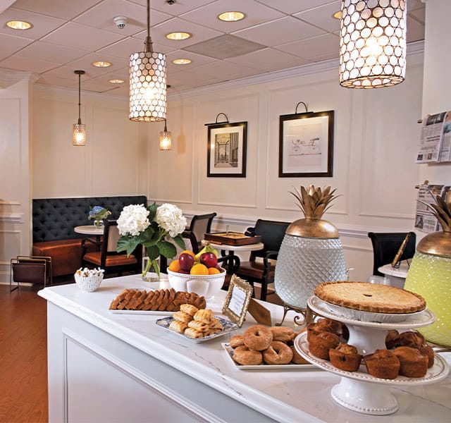 The Fountains at the Albemarle Dining - Coffee Bar Bistro An assortment of pastries set out daily for residents to grab and enjoy with a coffee/tea at the on-site coffee bar bistro