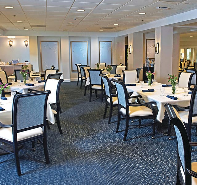 The Fountains at the Albemarle Dining - The Dining Room A formal space for residents to sit and enjoy a chef-prepared meal on-site with loved ones or friends