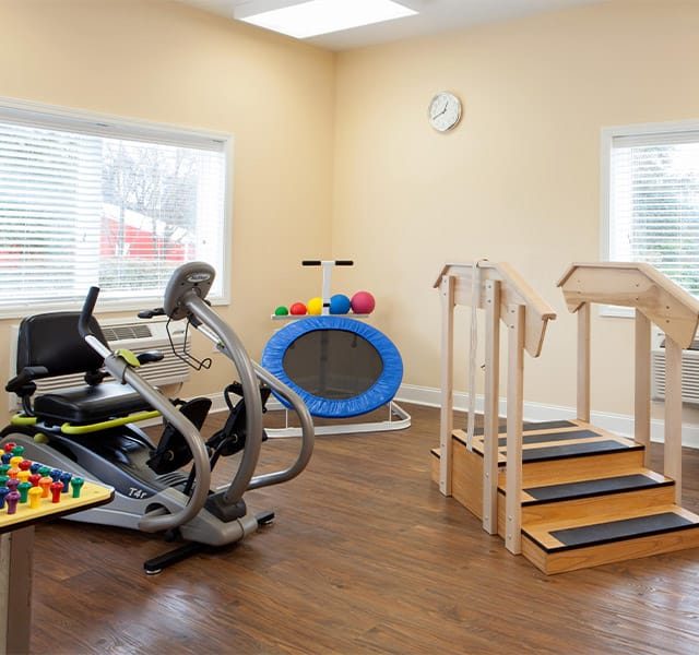 The Fountains at the Albemarle Fitness An assortment of fitness equipment including a bike, trampoline and stairs with railing found on-site at the Fountains at Albemarle