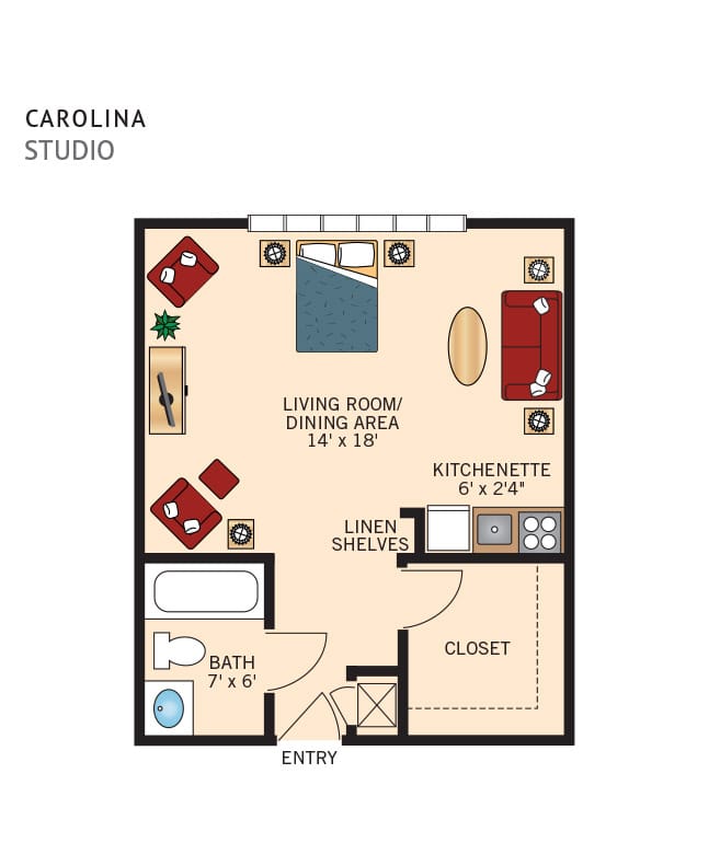 A sample studio floor plan at the Fountains at Ablemarle