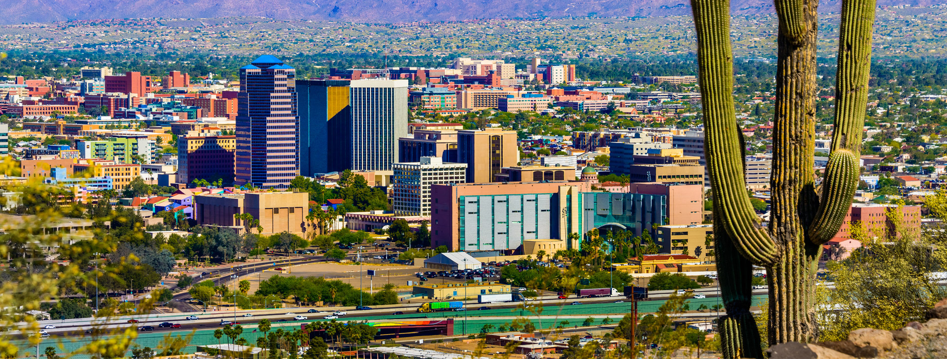 An aerial shot of DT Tucson, AZ on a clear afternoon