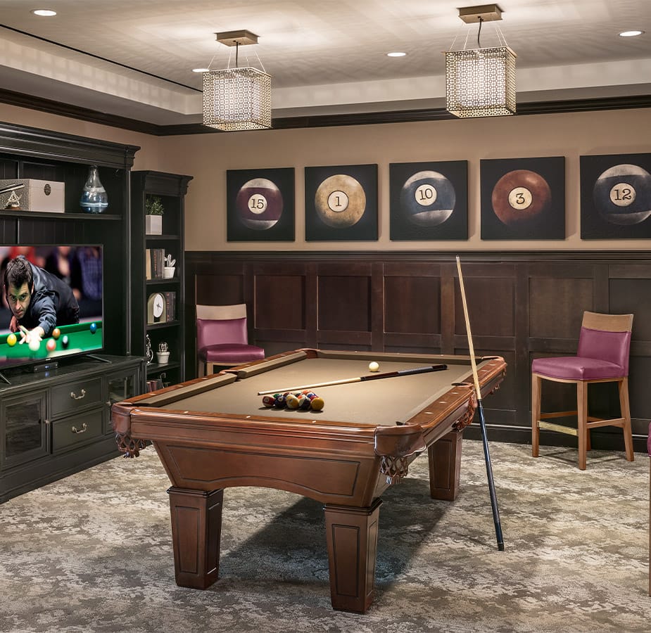 The Preston at the Park Cities Activities & Events Sixth floor billiards space at the Preston at the Park Cities