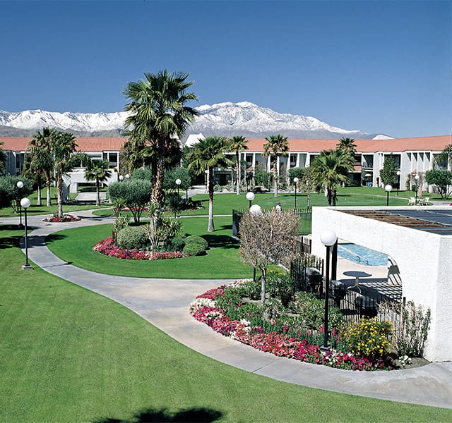 Outdoor coutyard with palm trees and the hint of a pool available to residents of the Casitas Living program at the Fountains at the Carlotta in Emeryville, CA